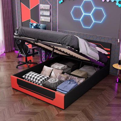 Cadre de lit de jeu hydraulique moderne pour grand lit, design Esports avec esthétique Cyberpunk, lit plateforme pour les joueurs et les jeunes de la génération Z, noir et rouge