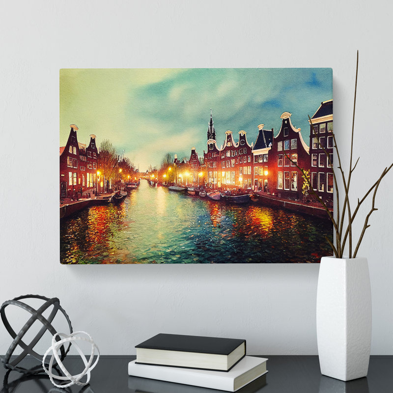 Amsterdam Canal Watercolour Vol.3 - Wrapped Canvas, 40cm H x 60cm W x 3cm D