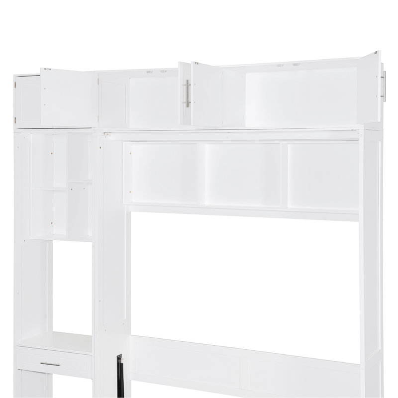 Grand lit escamotable mural avec bureau, armoire supérieure et tablettes de rangement, lit pliant peu encombrant, blanc