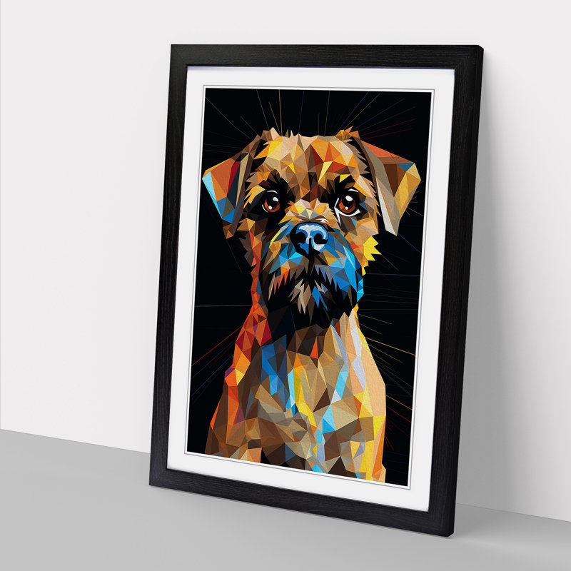 Border Terrier Geometric No.2 - Single Picture Frame Print on Wood, 46cm H x 34cm W x 2cm D, Black