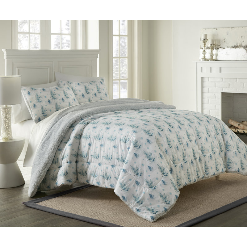 Ensemble d'édredon inversé en sherpa Micro Flannel®, Édredon pour lit simple + 1 taie décorative stan, Pins aquarelle