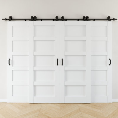 Portes de grange coulissantes en bois 80 po à 5 panneaux, 80 po H 80 po, deux ensembles de quincaillerie à une voie inclus, 4 portes - aucun assemblage requis, à peindre