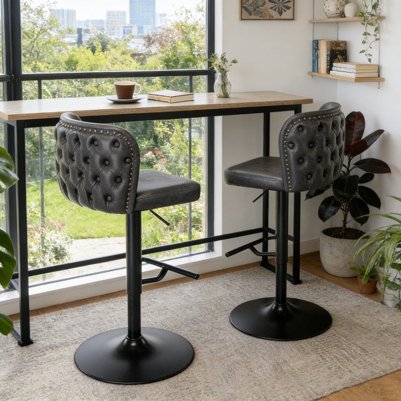 Marlone Swivel Adjustable Height Bar Stool, 2 Pcs, Black, Dark Gray