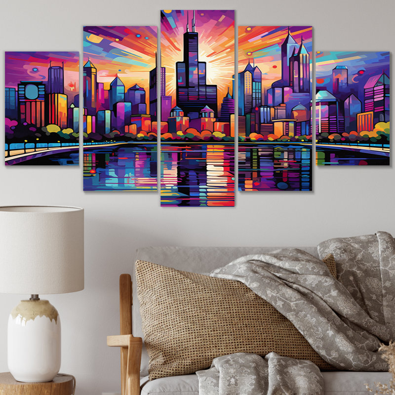 Pop Art Chicago Cityscape I - art mural sur toile Cityscapes - 5 panneaux