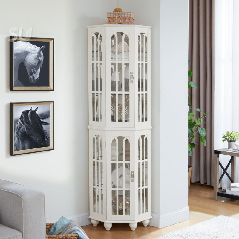 Corner Curio Cabinet with 4 Adjustable Tempered Glass Shelves and Lighting System, White