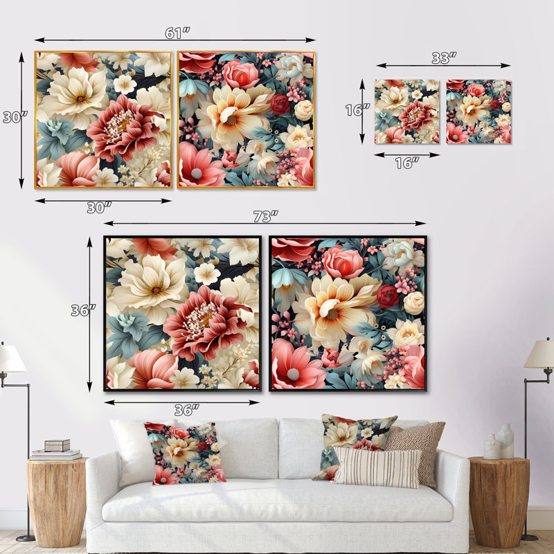 Faustine - Floral Square Collage Set Of 2, 36" H x 73" W, Wrapped Canvas