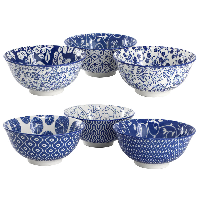  Sublime 6 Piece Assorted Design 20oz Porcelain Footed Bowl Set in Blue