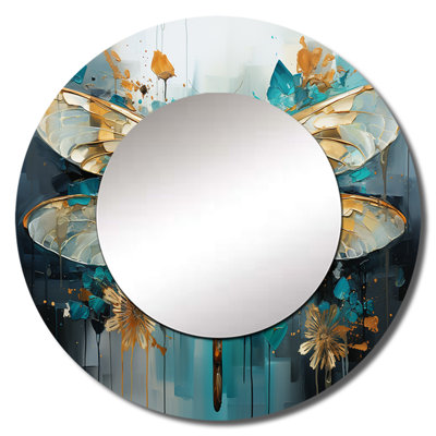 Teal Animal Turquoise Dragonfly Drips I - Dragonfly Wall Mirror, Teal Round Decorative Mirror, Printed Metal Art