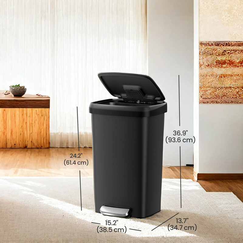 Poubelle de cuisine en plastique, poubelle de 12 gallons (45 L) avec couvercle en acier inoxydable, poubelle à pédale avec roues et poignée arrière à fermeture en douceur