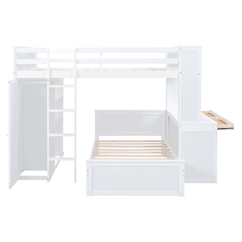 Lit mezzanine avec lit autonome, tablettes, bureau et garde-robe, Complète, Blanc