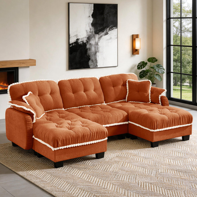 Canapé modulaire en forme de U 100,9 po 5 pièces en chenille avec repose-pieds et coussins amovibles, Orange Chenille