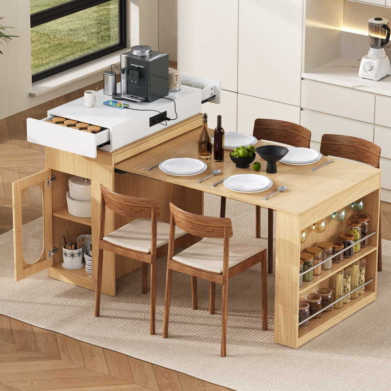 Table de salle à manger extensible avec plateau pliable, table de bar avec tiroirs et prise de courant, roulettes et crochets