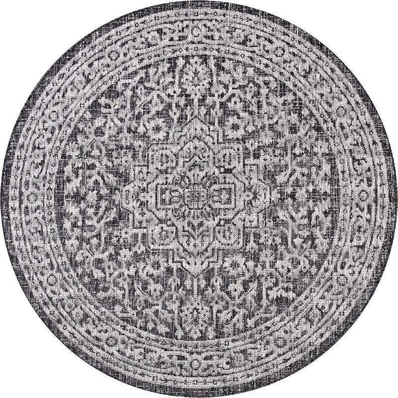 Moten Medallion Textured Weave Gray/Black Indoor/Outdoor Rug, Round 5'3"