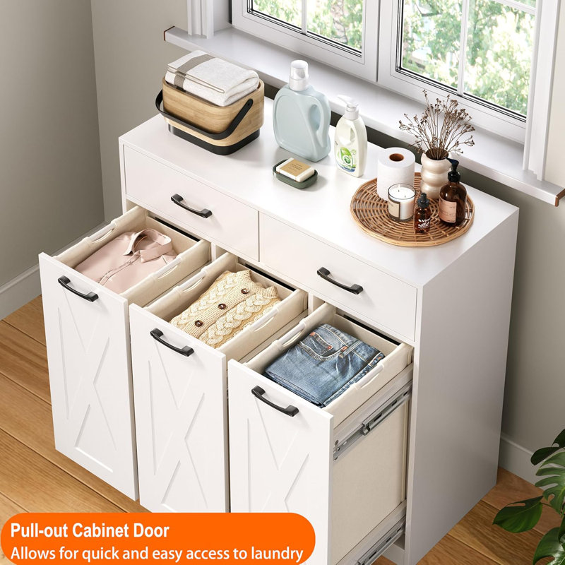 Laundry Hamper Cabinet, Laundry Basket 3 Section With 2 Storage Drawers, Laundry Sorter With Pull-Out Removable Large Bags, 3 X 14.8 Gallons (56L), For Laundry Room Bathroom, White C3961F560214470391FAAEB6760F0545