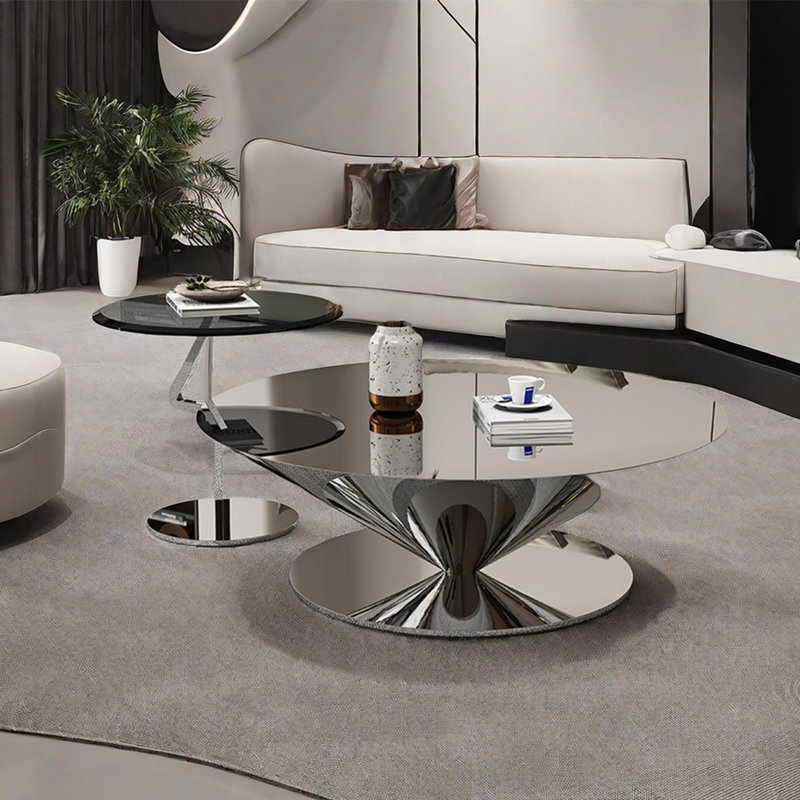 Stainless steel floating saucer coffee table, 13.8" H x 35.4" L x 35.4" W