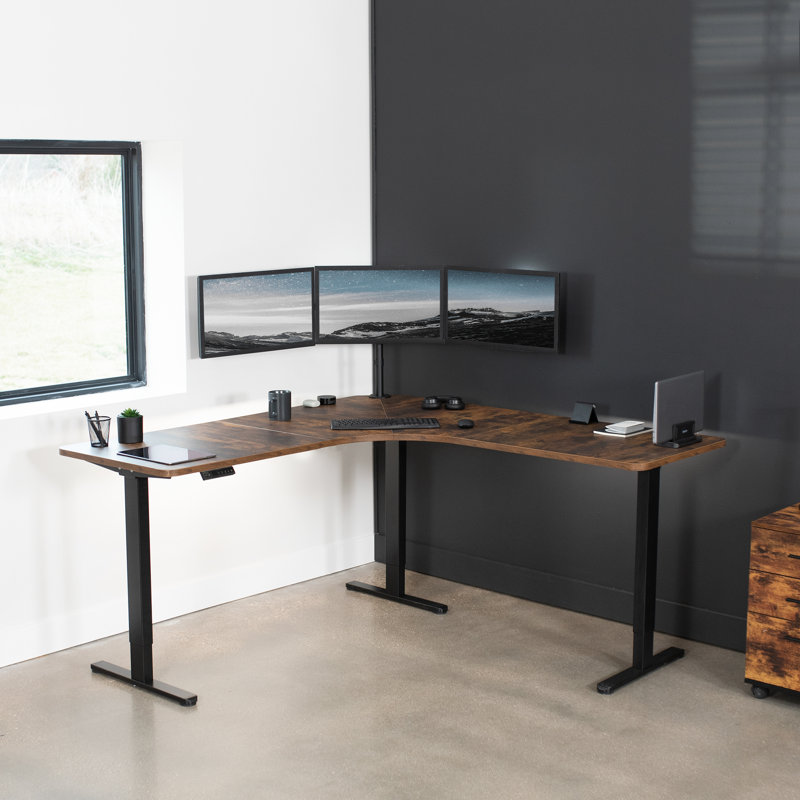 Rustic Vintage Brown L-Shaped Electric Adjustable Standing Desk