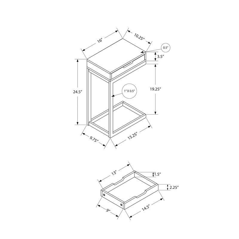 Table d'appoint, en forme de C, bout, côté, collation, tiroir de rangement, salon, chambre à coucher, métal stratifié, contemporain, moderne