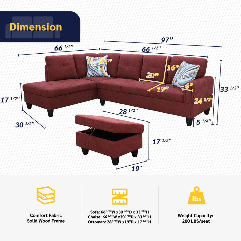 Gonen Upholstered L-Shaped Sectional, Left Hand Facing, Red Velvet/Linen Blend