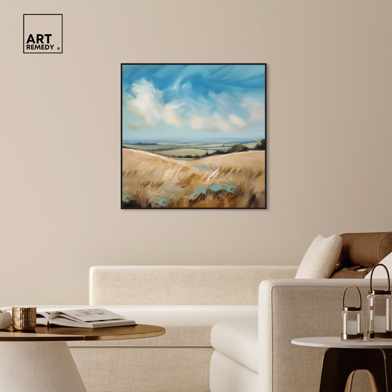 Handcrafted Beige and Blue Abstract Canvas Art with Black Frame