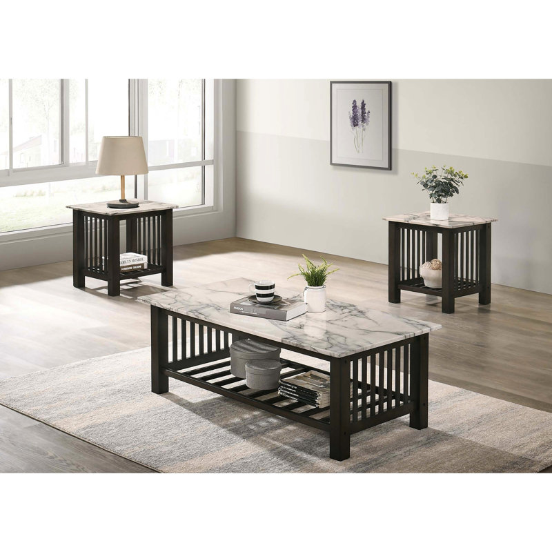 Table de bout Traditional 1pc avec surface en faux marbre, pieds en noyer antique teinté foncé et tablette ouverte pour le café et utilisation dans un plateau esthétique moderne