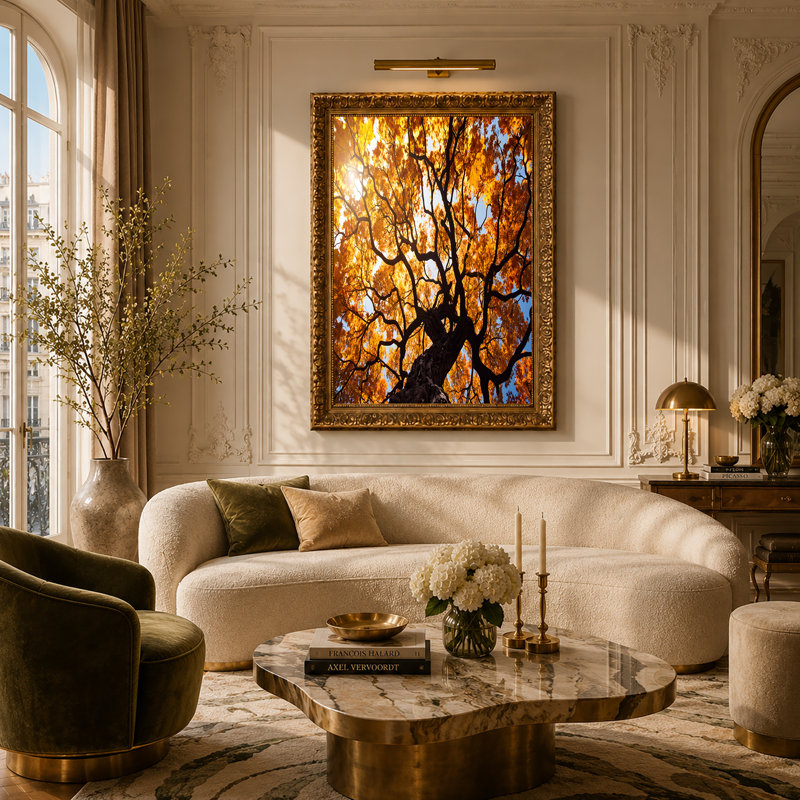 Art sur toile, feuilles d'automne jaunes sur branches d'arbres foncées contre ciel bleu, H 36 po x l 48 po