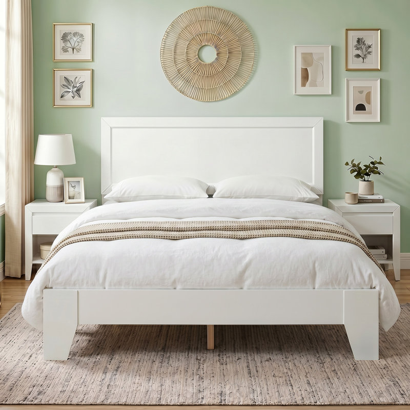 Full Size Bed Frame, Modern Platform Bed with Headboard, No Box Spring Needed White, Double, Blanc