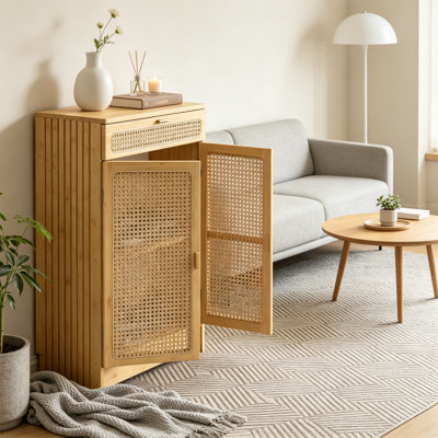 WiFi Router Storage Cabinet with Adjustable Shelves, 2-Tier Bamboo Cabinet with Rattan Doors and Drawer, Walnut Audio Rack for Home & Office