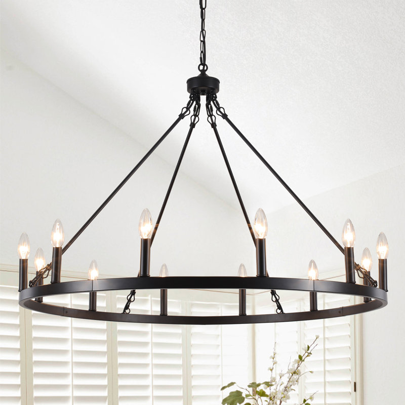 Moomal 12-Light Farmhouse Candle Dimmable Wagon Wheel Chandelier for Living Room Kitchen Island Dining Foyer, Black, 12