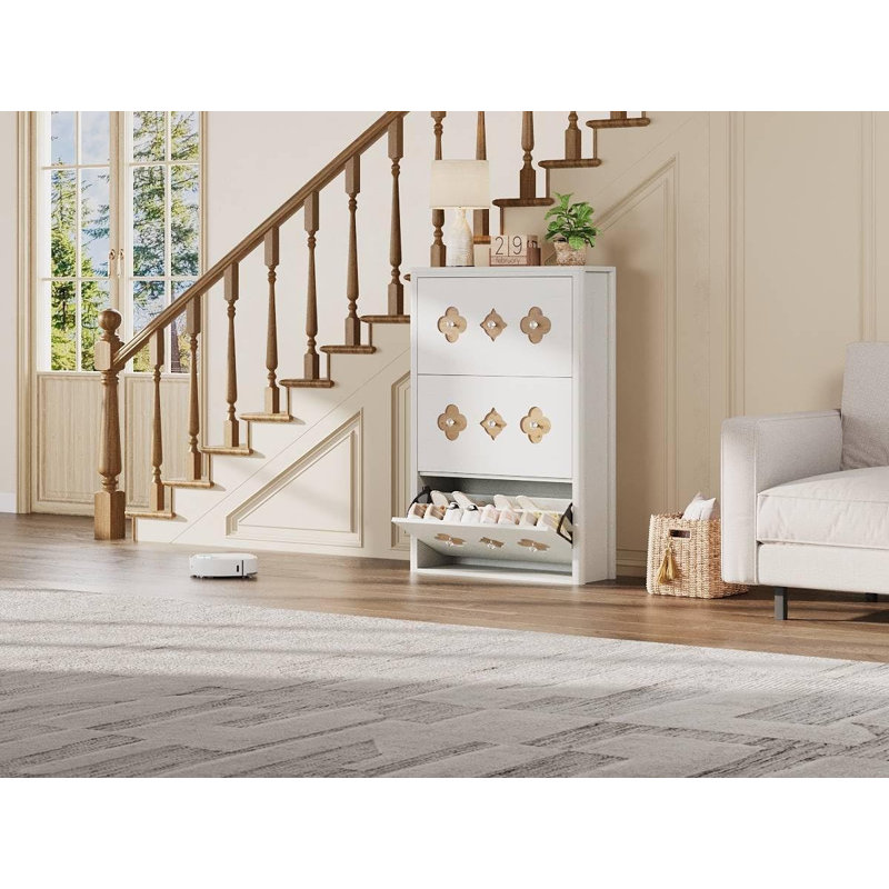 Slim Shoe Cabinet with 3 Flip Drawers & Hollow Flower Pattern, Freestanding Entryway Organizer, White