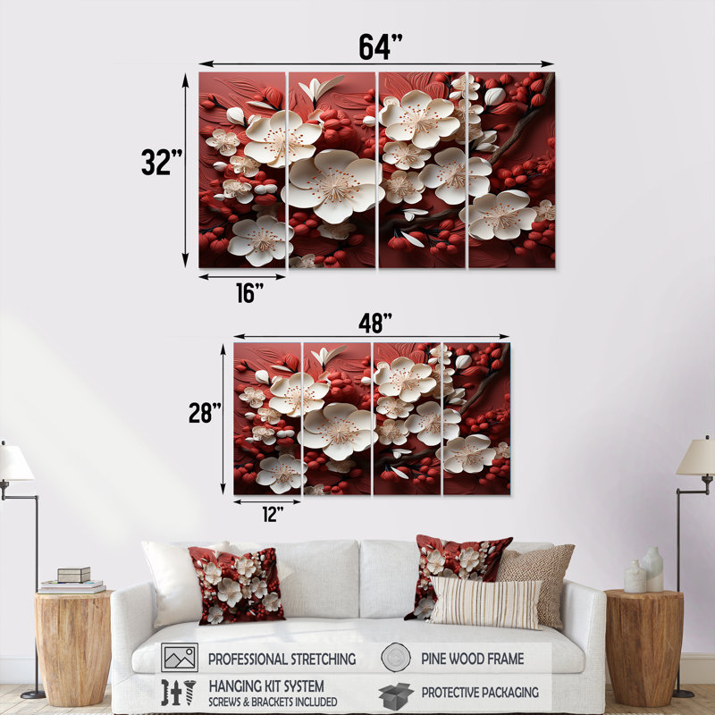 Ensemble de 4 décorations murales orchidées blanches et rouges IV - Floral Abstract, H 28 po x l 48 po