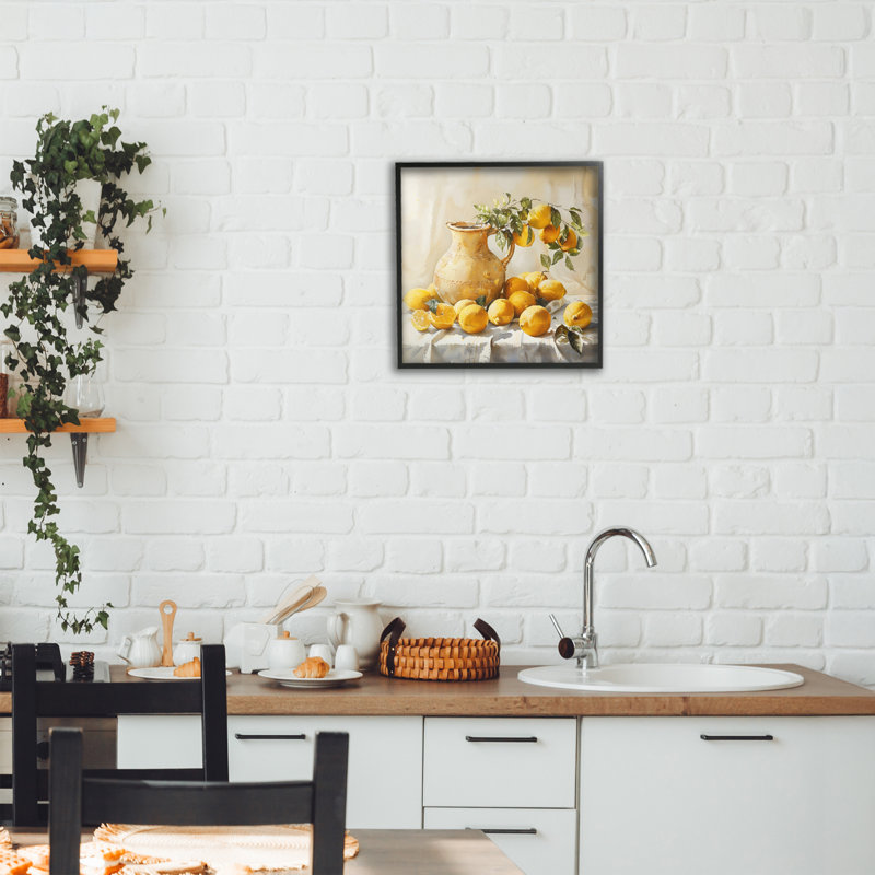 Vintage, citrons et pichet, estampe numérique, design par LSR Creative Studio, Giclée encadrée noir minuit, H 12 po x l 12 po