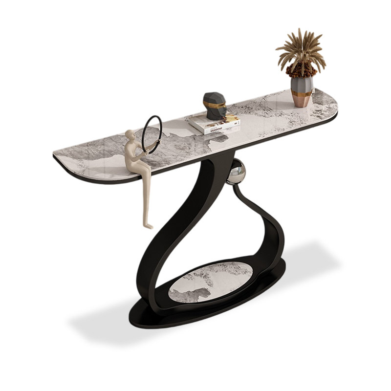 Console contemporaine à bord incurvé à motif en marbre avec dessus en pierre, 33.5" H x 39.37" W x 11.81" D