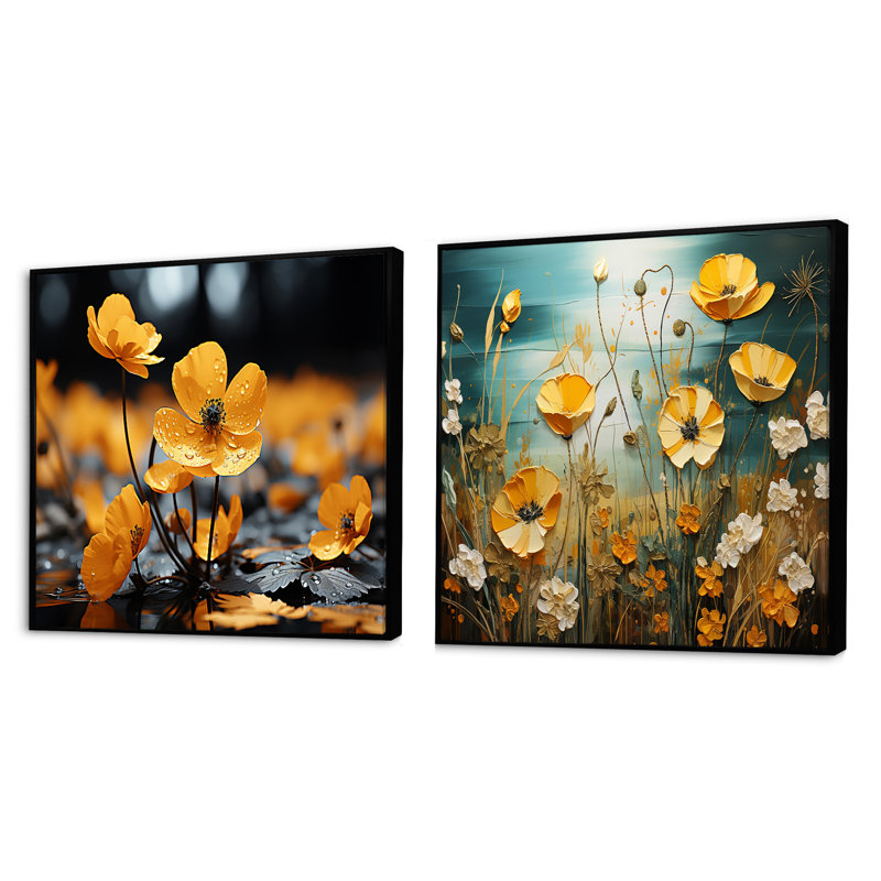 Ensemble de 2 collages carrés jaune et bleu pastel, Cadre flottant noir, H 36 po x l 73 po