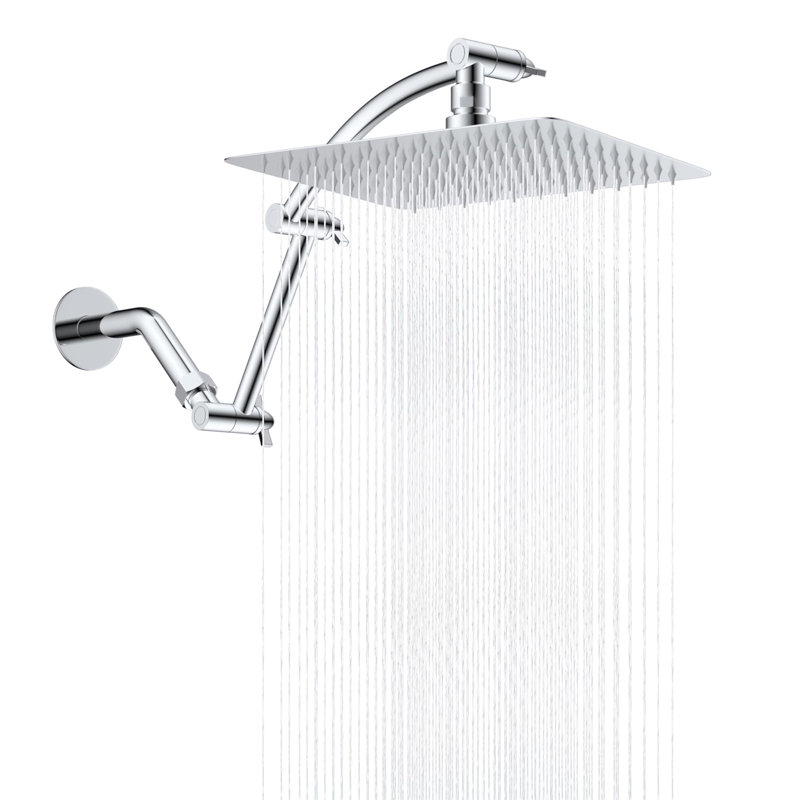 All-Metal Rainfall Shower Head – 10-Inch High-Pressure Square Shower Head With 16-Inch Adjustable Solid Brass Extension Arm, Waterfall Fixed Mount Shower System