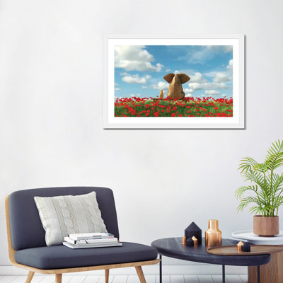 «Elephant and Dog Sit on a Poppy Field» par Mike Kyivi, reproduction d'impression