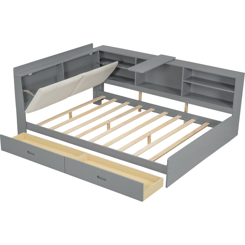 Structure de lit double en bois gris avec tête de lit avec rangement, 2 tiroirs et assemblage rapide, Gris