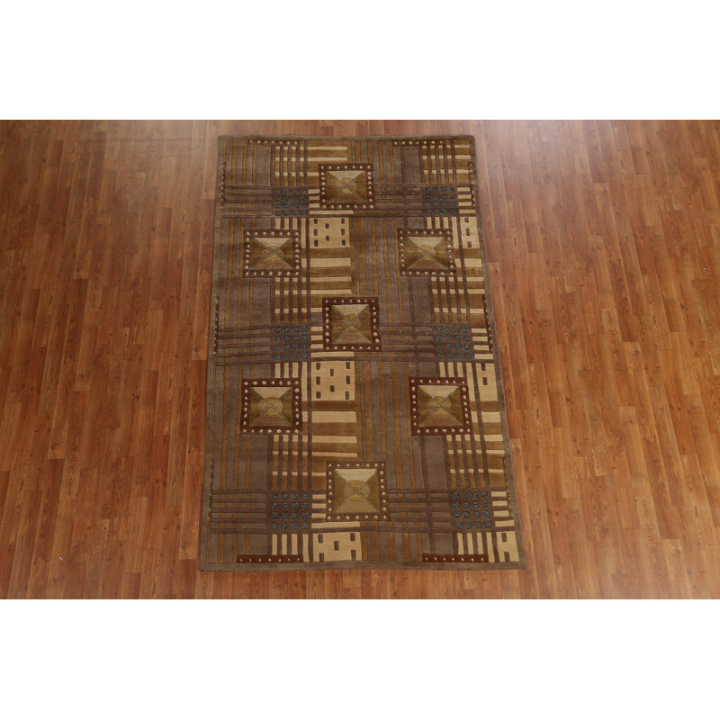 Tapis unique brun / or noué à la main 4 pi 10 po x 8 pi 1 po New Age
