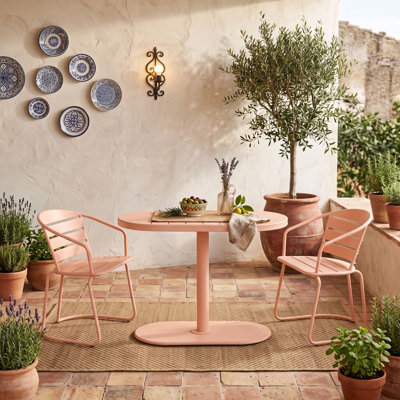 Iron 3-Piece Outdoor Bistro Dining Set with Patio Table and Two Slat-Seat Chairs for Garden or Backyard