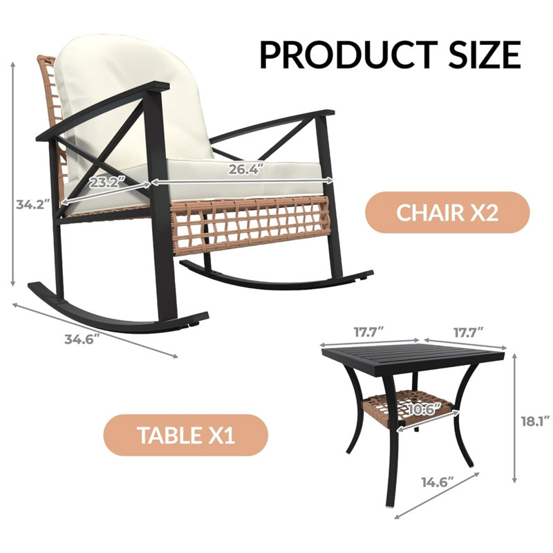 3 Pcs Outdoor Patio  Rocking Rattan Conversation Set Wicker Patio Furniture With Thick Cushions Rocker Chair And 2-Tier Coffee Table For Garden, Porch, Backyard