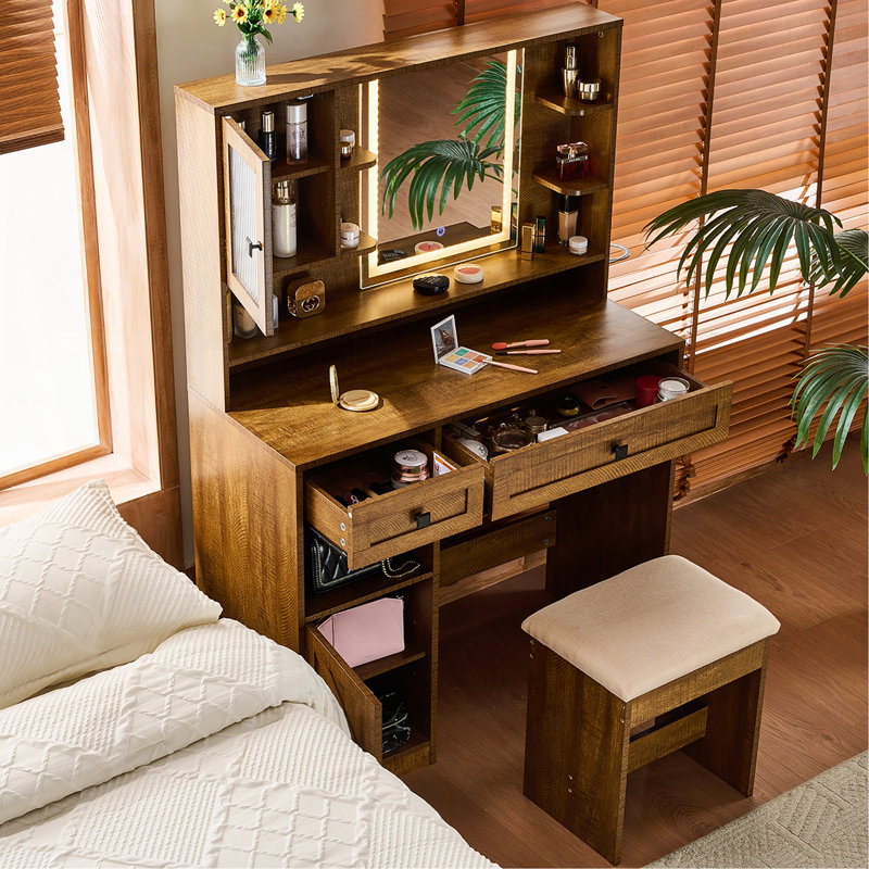 Bureau de coiffeuse de maquillage de ferme avec miroir et lumières, ensemble de coiffeuse avec station de charge et tabouret, tiroirs, tablettes et armoire d'appoint, brun rustique