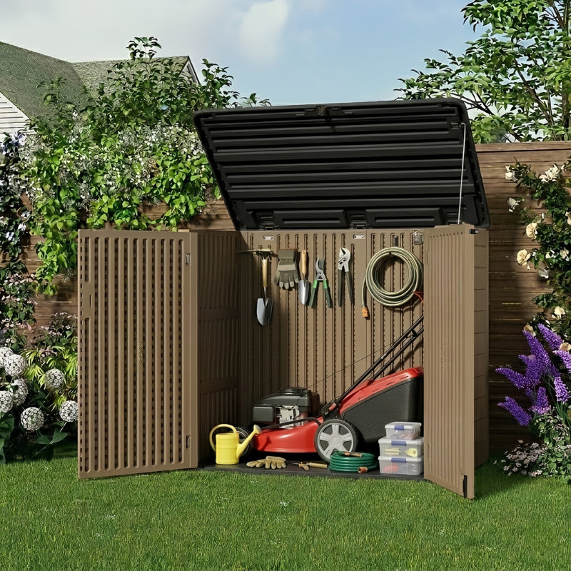 Decksplore 360 Gallons Resin Storage Cabinet With Floor And Double Doors, Brown