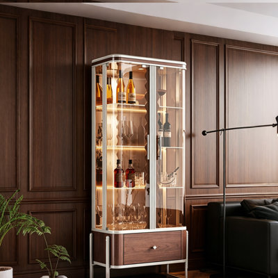 34.25" Luxury‑Style Brown Double Glass‑Door Wine Cabinet, Freestanding Wall‑Mounted Display Storage Cabinet with LED Lights for Home