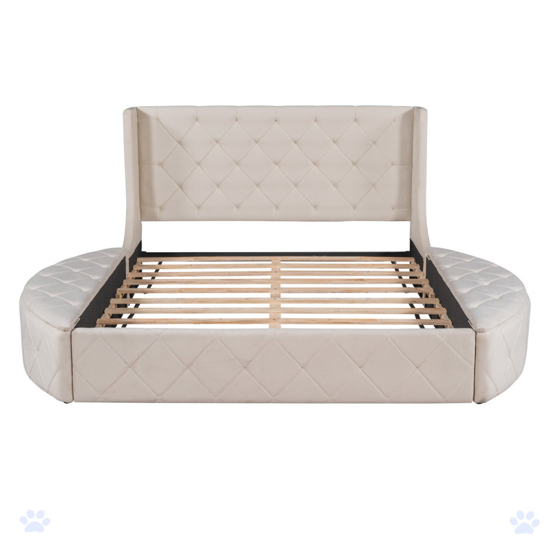 Lit plateforme capitonné avec rangement, Beige