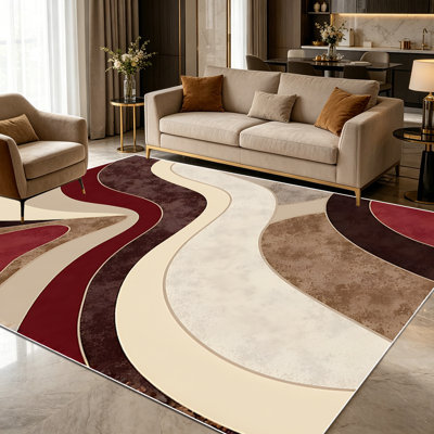 1PC Abstract Wavy Striped Colorblock Burgundy Dark Brown Light Tan Neutral Tone area rugs for Living Room, Soft and Comfortable, Suitable for all seasons, easy-to-maintain, machine washable Indoor floor mat,