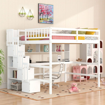 Kids Full Solid Wood Loft Bed with Built-In Desk and Shelves