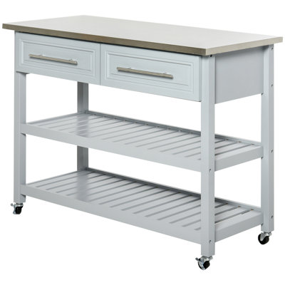 Kitchen Island With Stainless Steel Top, Traditional Kitchen Island With Storage, 2-Tier Open Shelves, Drawers