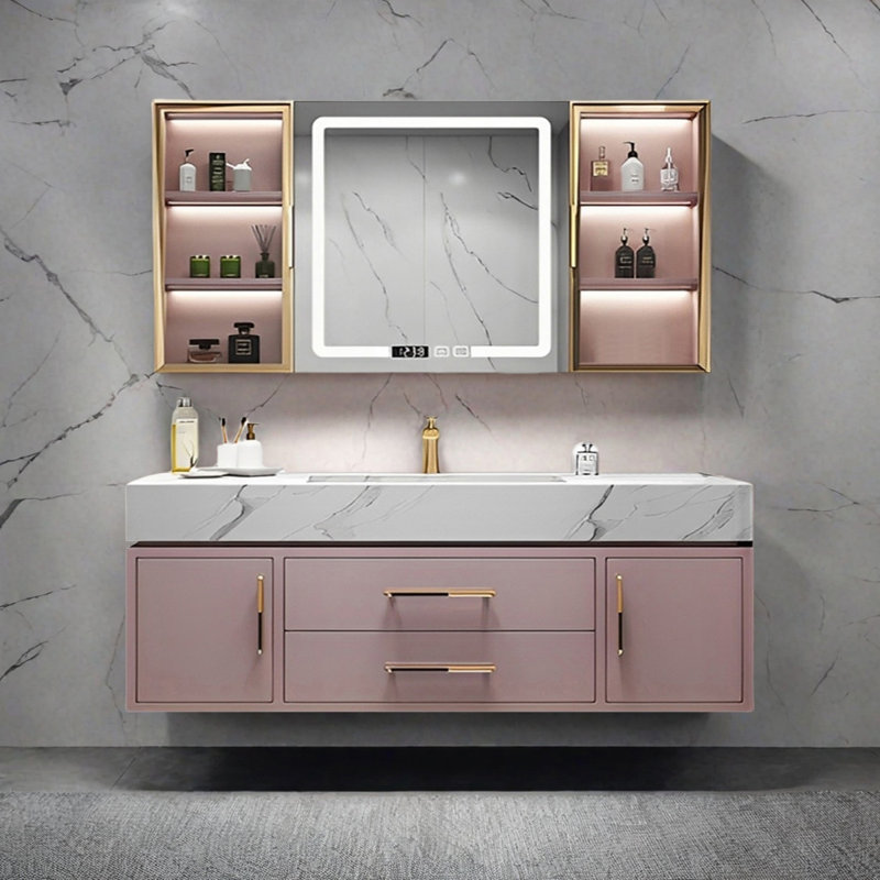 Modern rock slab integrated basin bathroom cabinet, 19.68" H x 55.11" W x 21.65" D