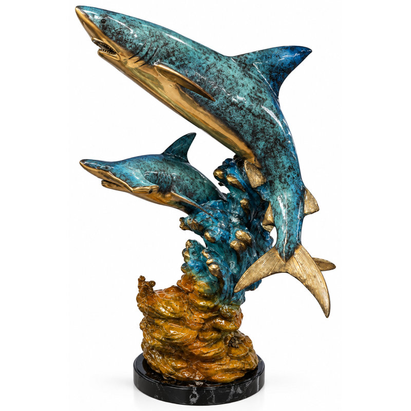 Sculptures & Beyond Bull Shark & Hammerhead Shark with Coral Cast Bronze Sculpture – Lost-Wax Bronze with Hand-Applied Patina on Black Marble Base – Coastal & Nautical Decorative Art for Home, Garden, Poolside & Outdoor Décor – Apex Ascension – 43"H