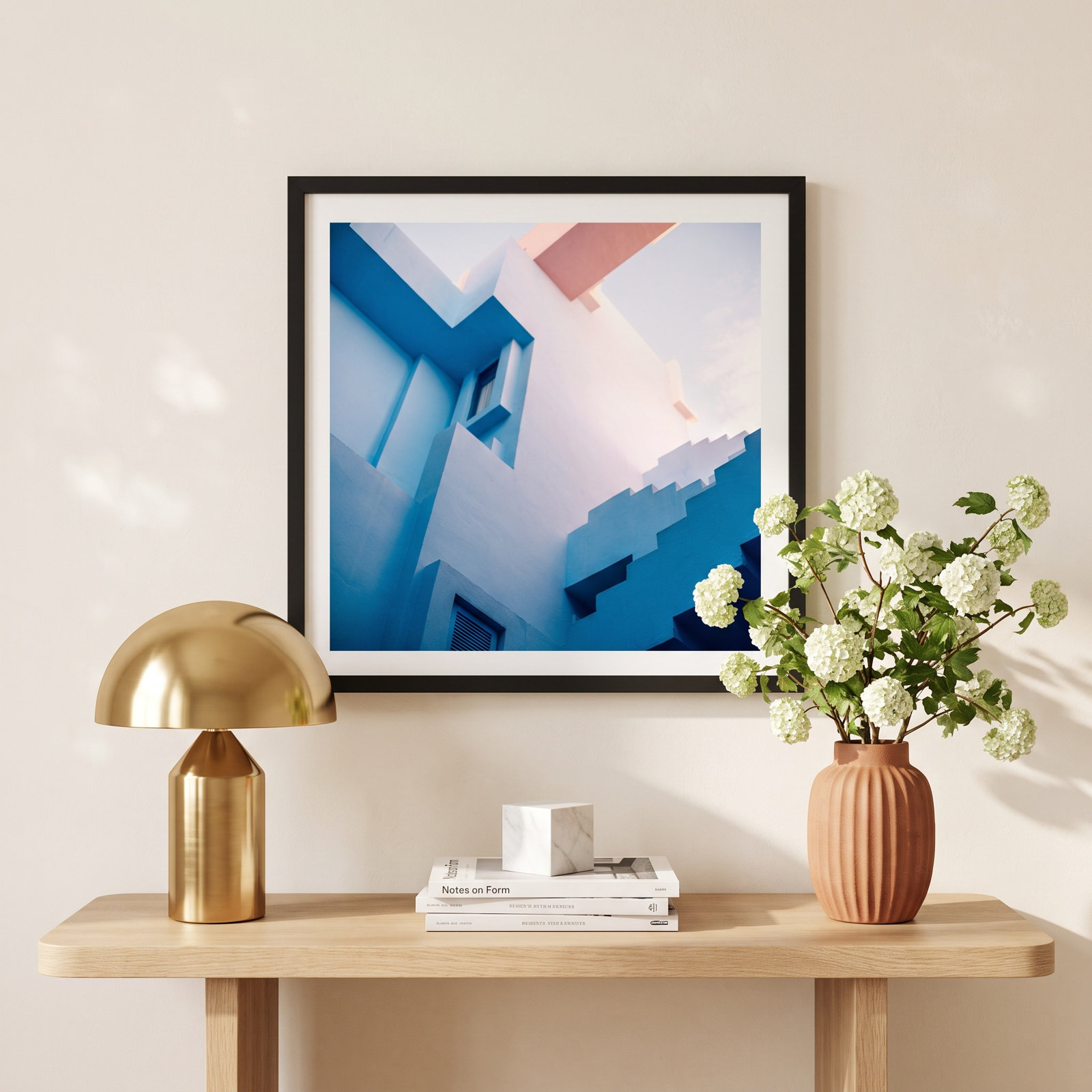 Muralla Roja Blue And Pink Geo by Raisazwart, 12" H x 12" W x 0.75" D, Black Floater Framed, No