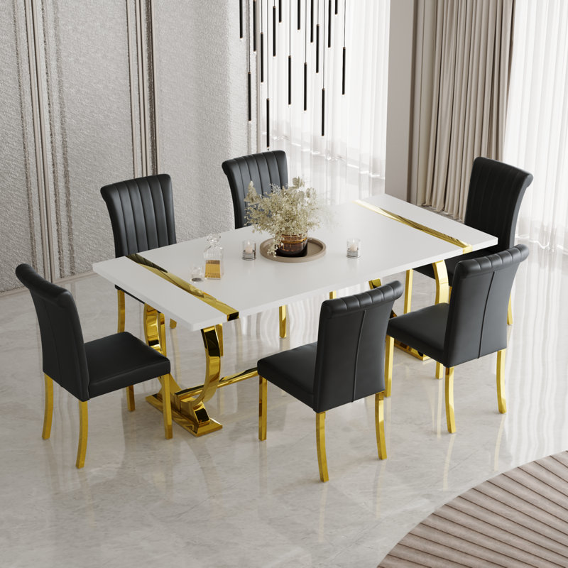 Ensemble de table de salle à manger 7 pièces Glam Gold avec 6 chaises en cuir noir et or, 7 pièces: table, 6 chaises, Noir